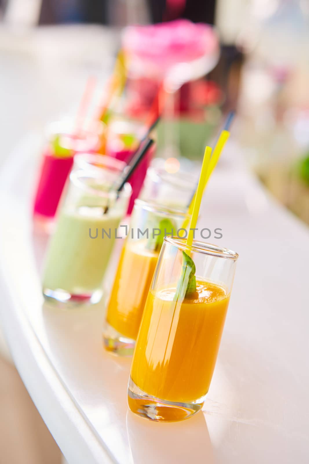 Set of different vegetable juices on the bar. by sarymsakov