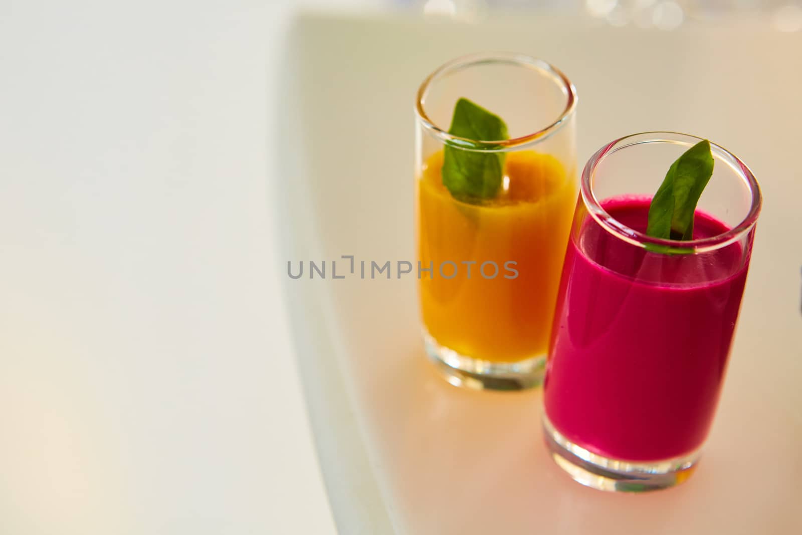 Set of different vegetable juices on the bar. by sarymsakov