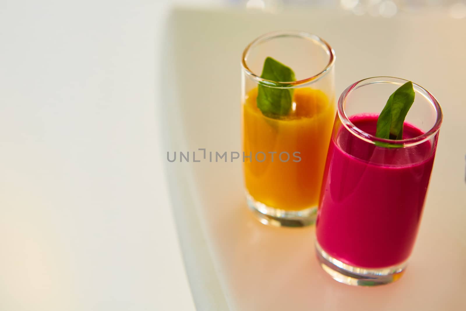 Set of different vegetable juices on the bar. The concept of healthy food