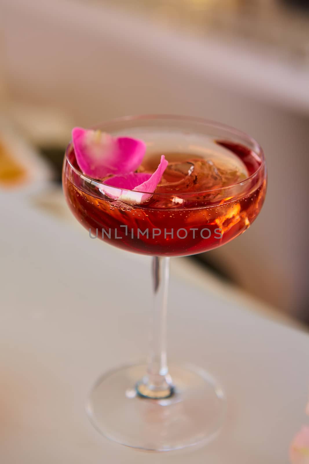 Pink Cocktail with fresh rose petals on table