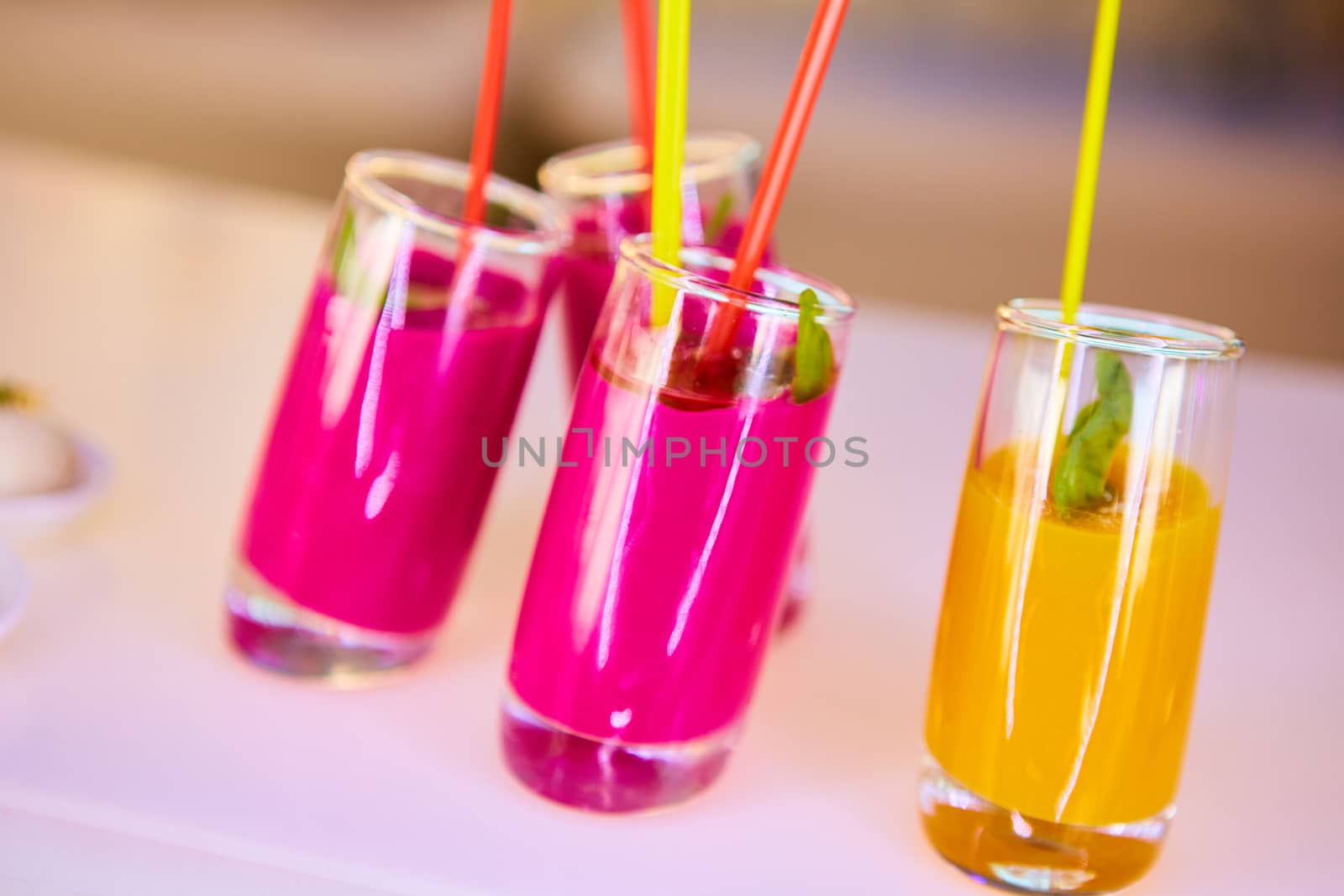 Set of different vegetable juices on the bar.