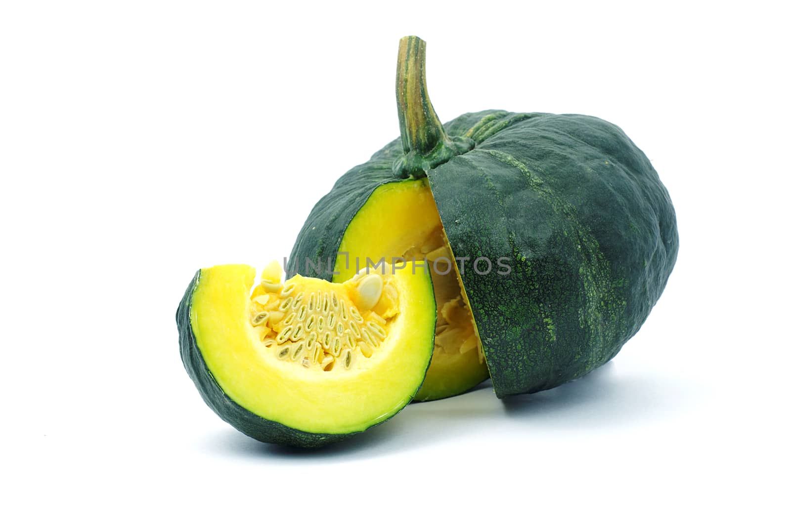 A yellow piece of pumpkin and green pumpkin on white background by ninelittle