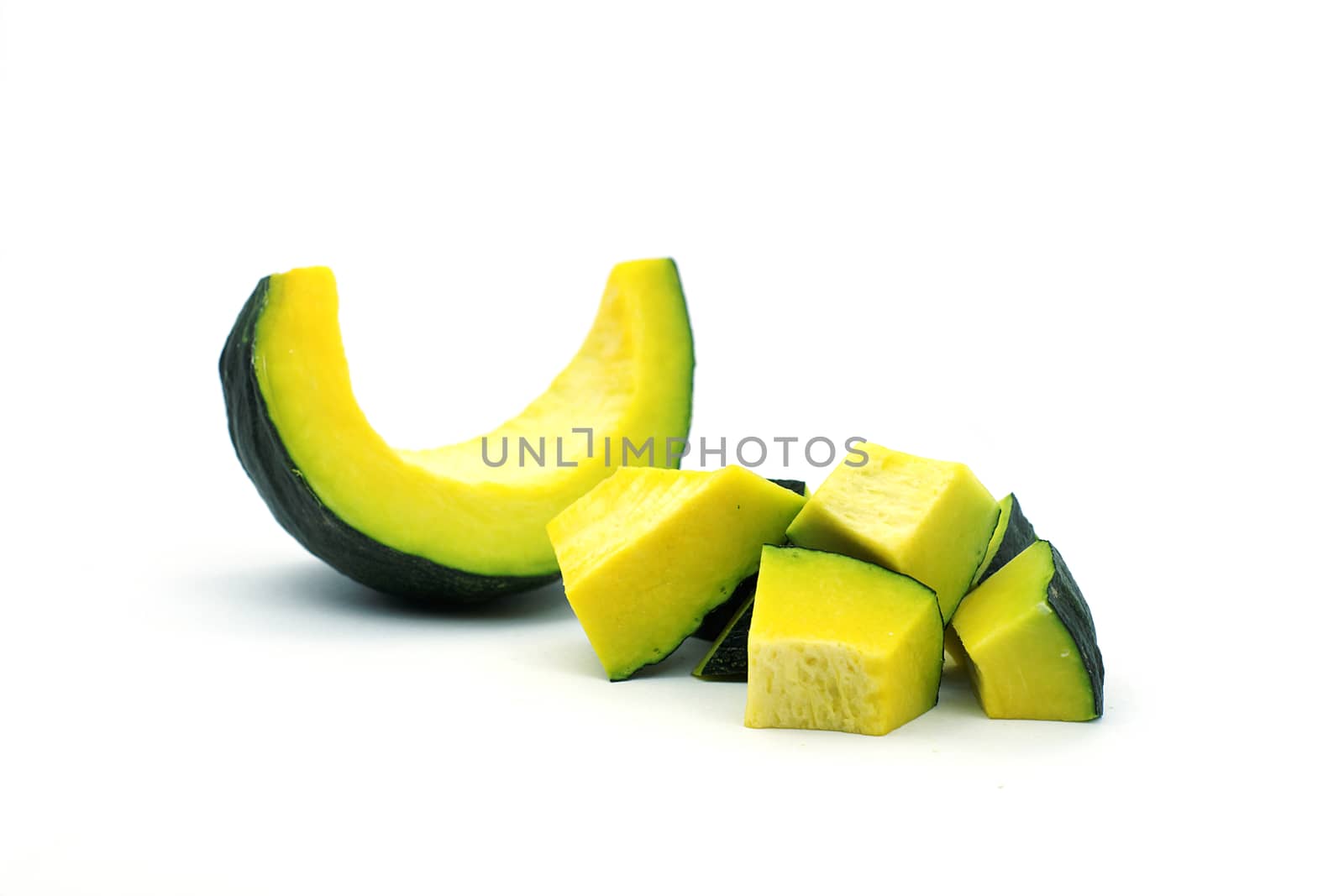 Sliced raw yellow pumpkin on white background. by ninelittle