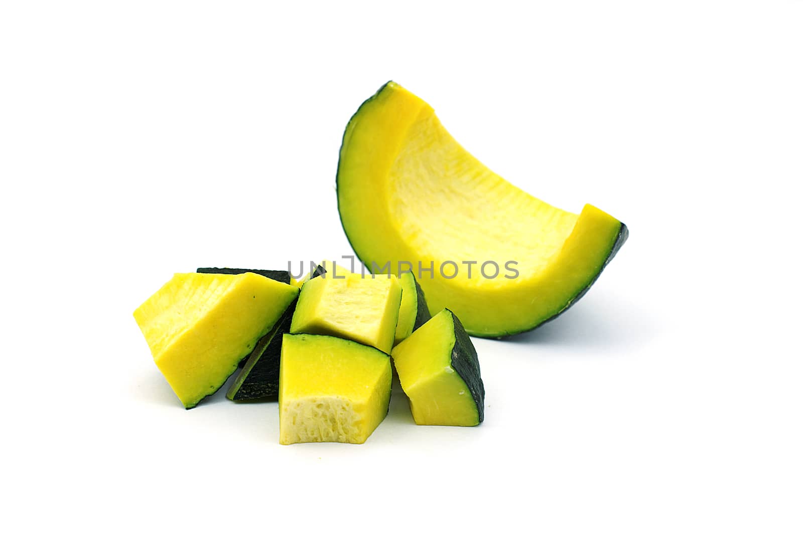 Sliced raw yellow pumpkin on white background. Sliced yellow pumpkin for use as cooking ingredients