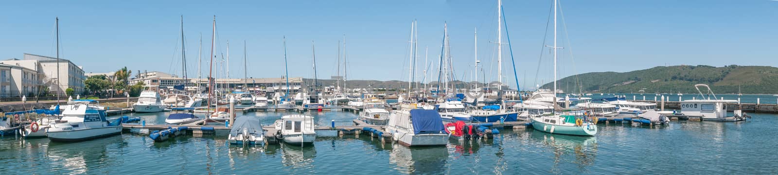 KNYSNA, SOUTH AFRICA - MARCH 3, 2016: Panorama of the yacht harbor at the waterfront in the Knysna Lagoon