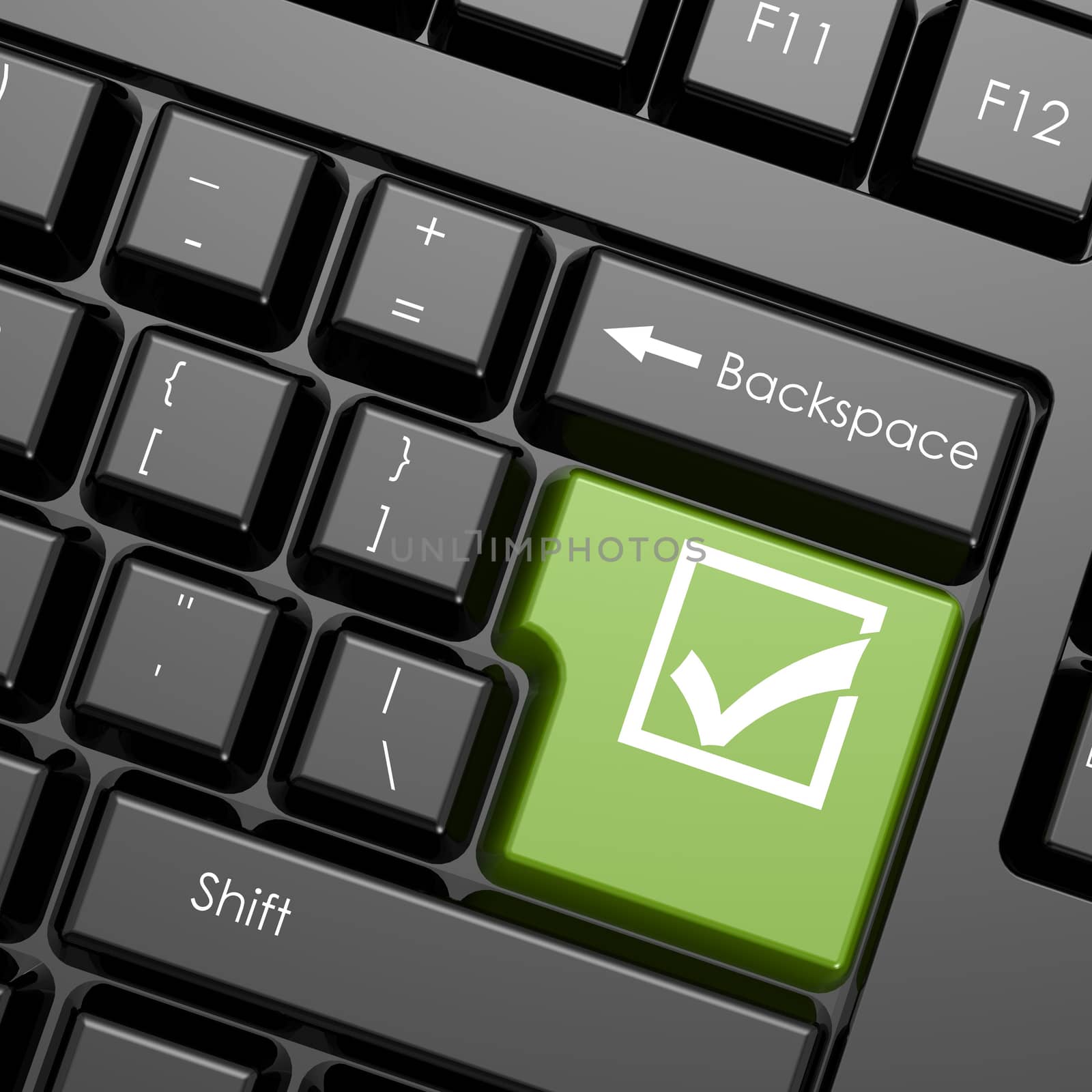 Green enter button with check mark on black keyboard, isolated image with hi-res rendered artwork that could be used for any graphic design.