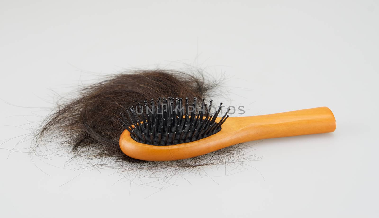 Wooden hair brush with lost brown hair on white background.