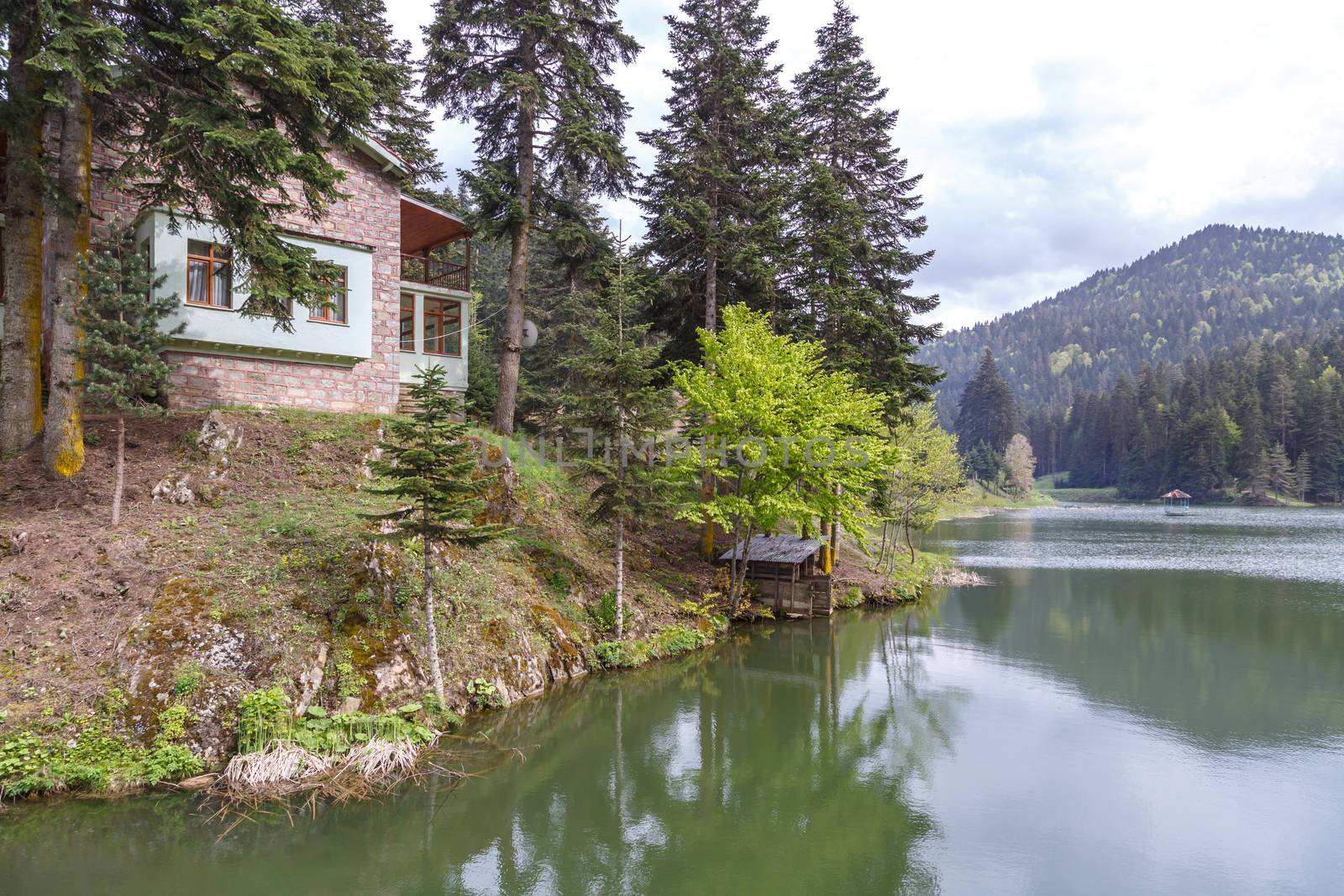 View of small Akgol lake in Ayancik, Sinop around big mountains with high pine trees on cloudy sky background.