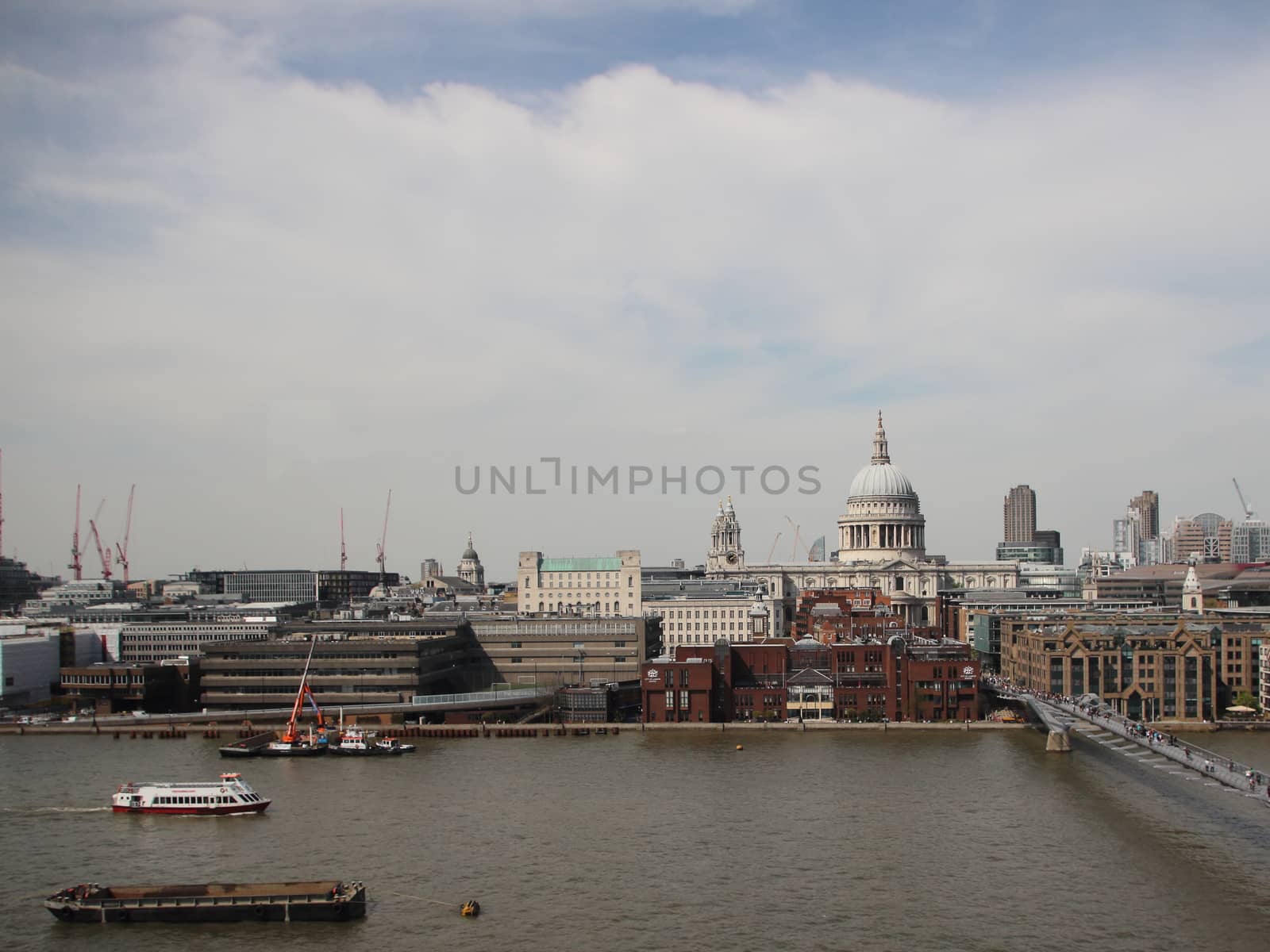 London Summer View with River Thames and City and Cloudy Sky