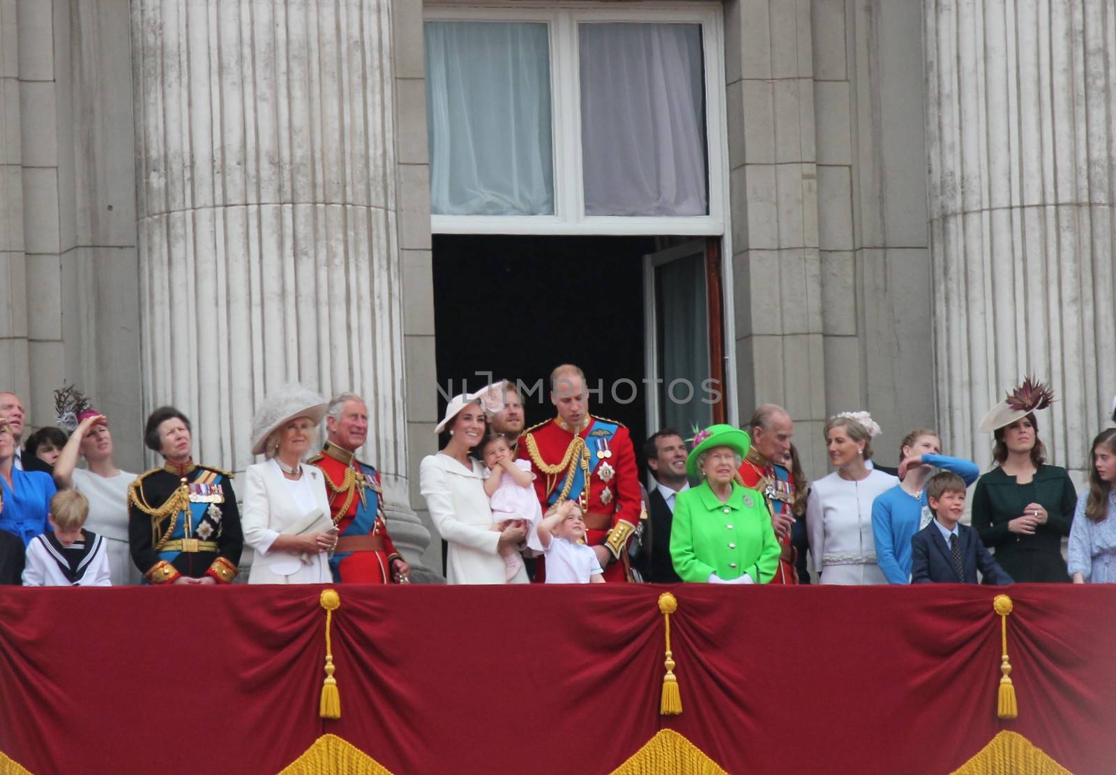 Westminster, London, ENGLAND – June 11, 2016: The British Royal family appear on the Balcony of Buckingham Palace during the trooping of the colour for Queen Elizabeth's 90th Birthday. by cheekylorns