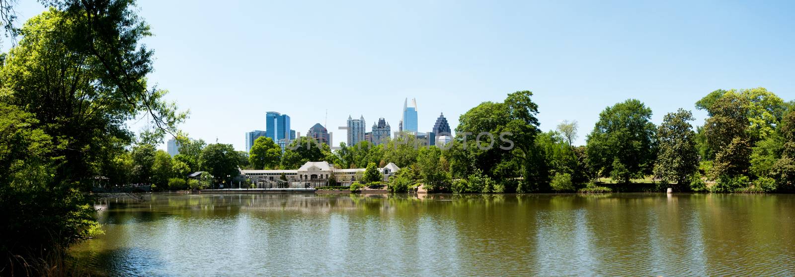 Lake Clara Meer in Piedmont Park with Atlanta Skyline and Aquatic Center.