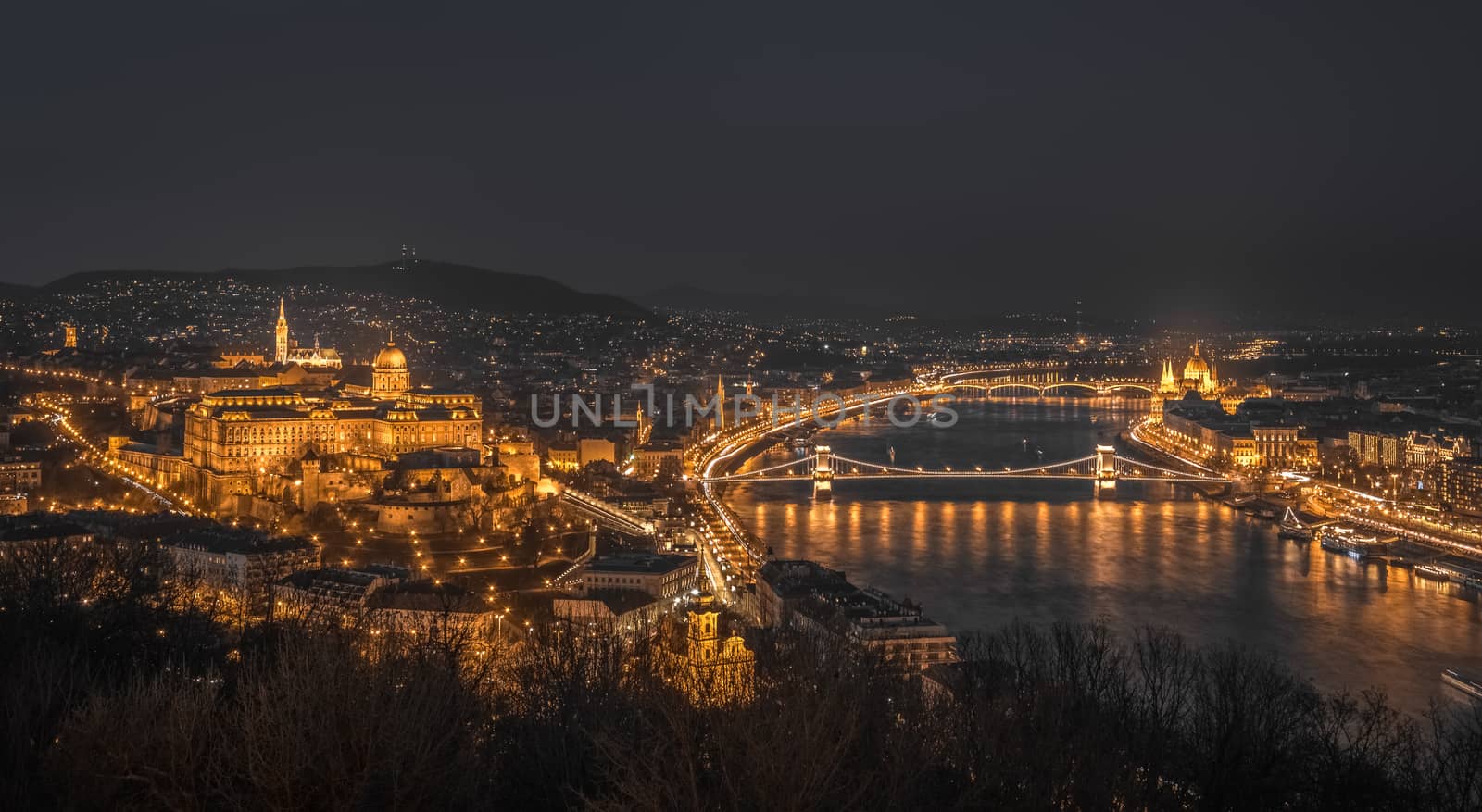 Panoramic View of Budapest with Street Lights and the Danube River at Night as Seen from Gellert Hill Lookout Point