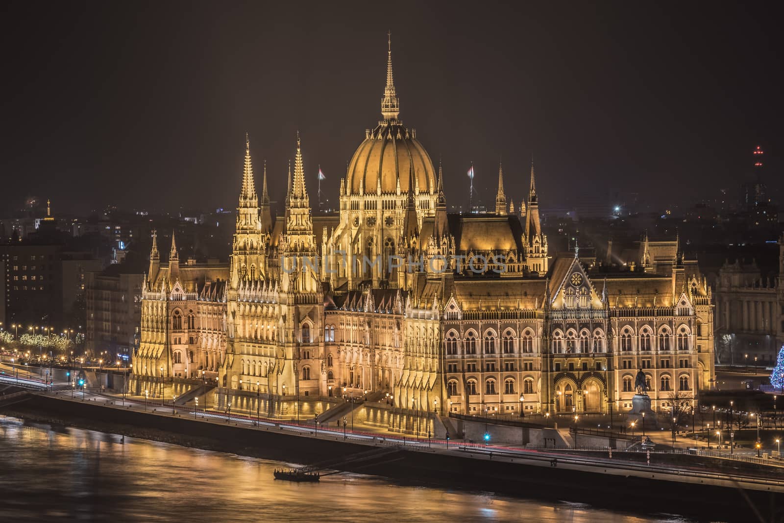 Illuminated Hungarian Parliament Building in Budapest, Hungary at Night