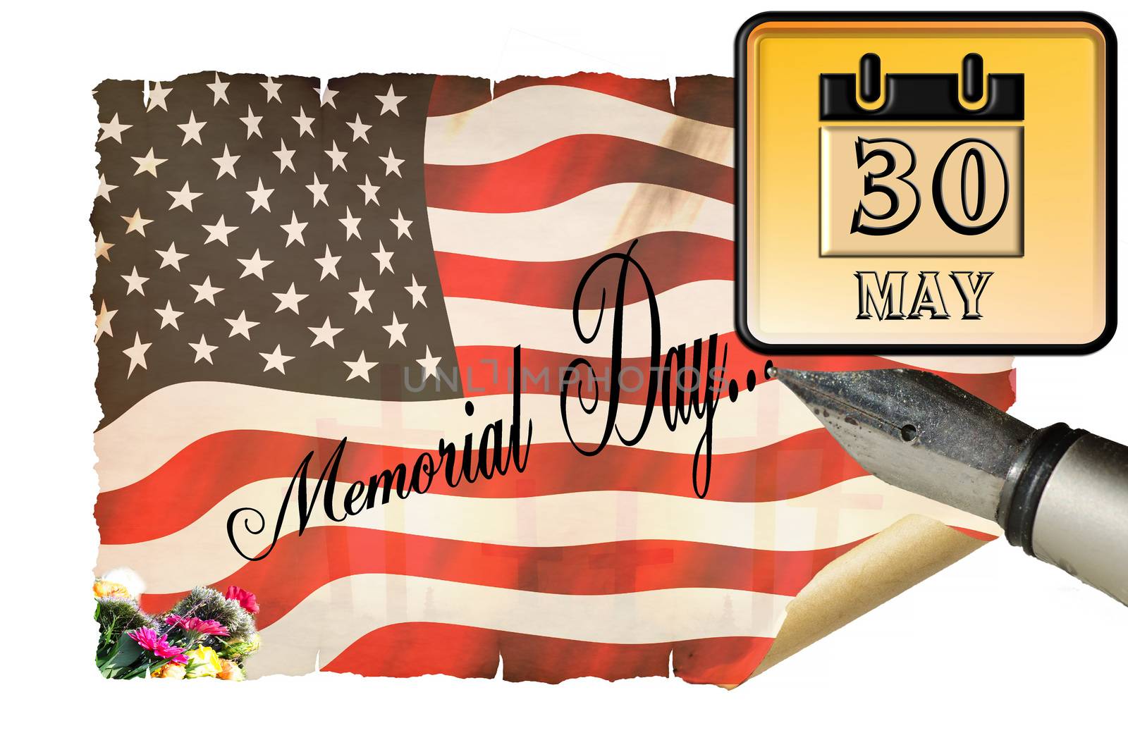 Memorial Day Greeting Card. In the background American flag and a calendar page dated 30 May.