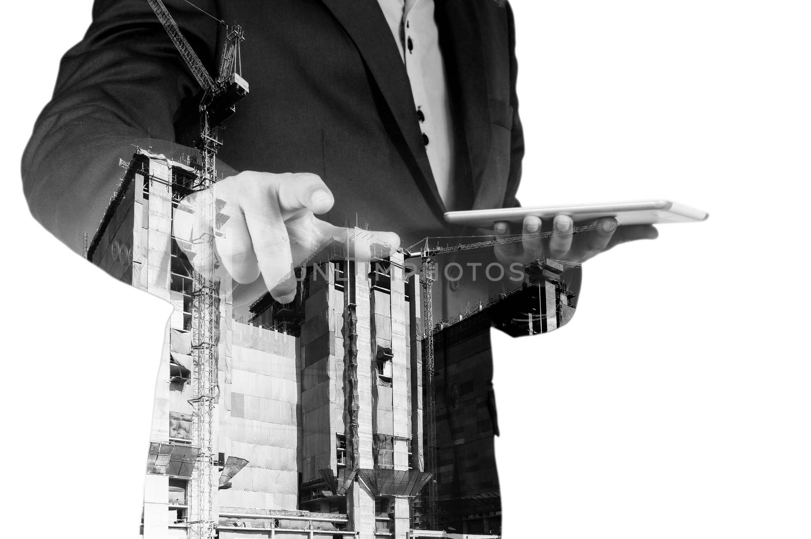 Double exposure of Business Man and Power Crane in the City as C by thampapon