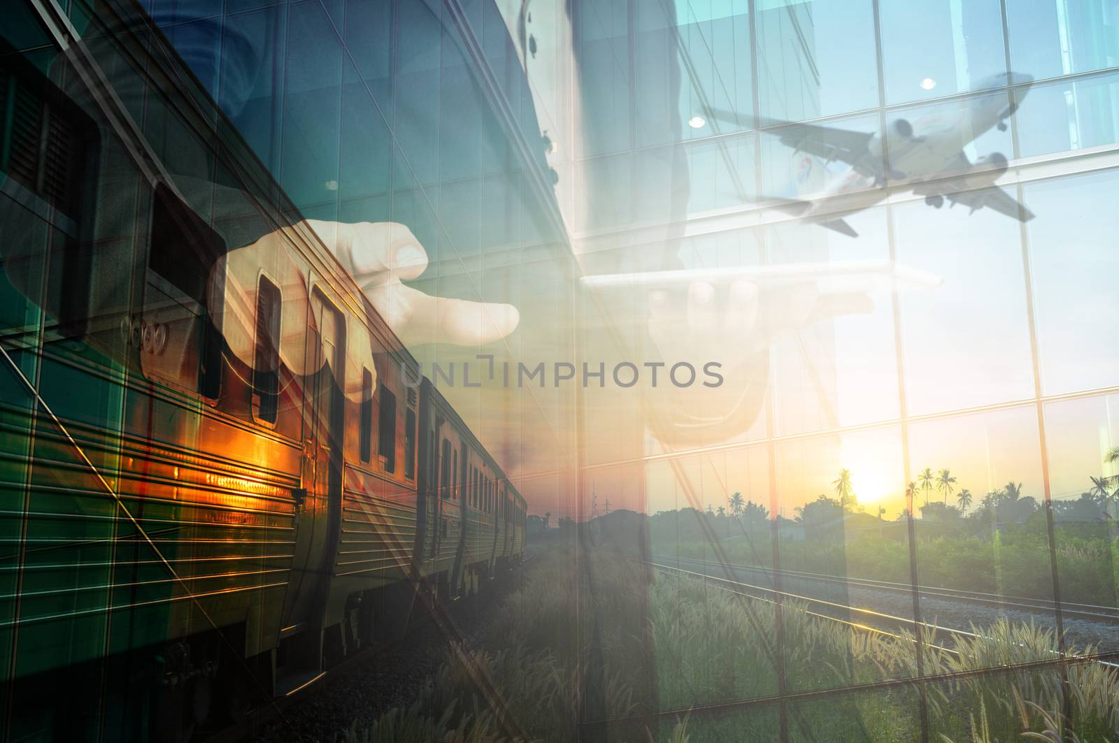 Double Exposure of BusinessMan Hold Tablet and Train, Airplane as Business Transportation or Logistics Concept. Selective Focus on Right hand.