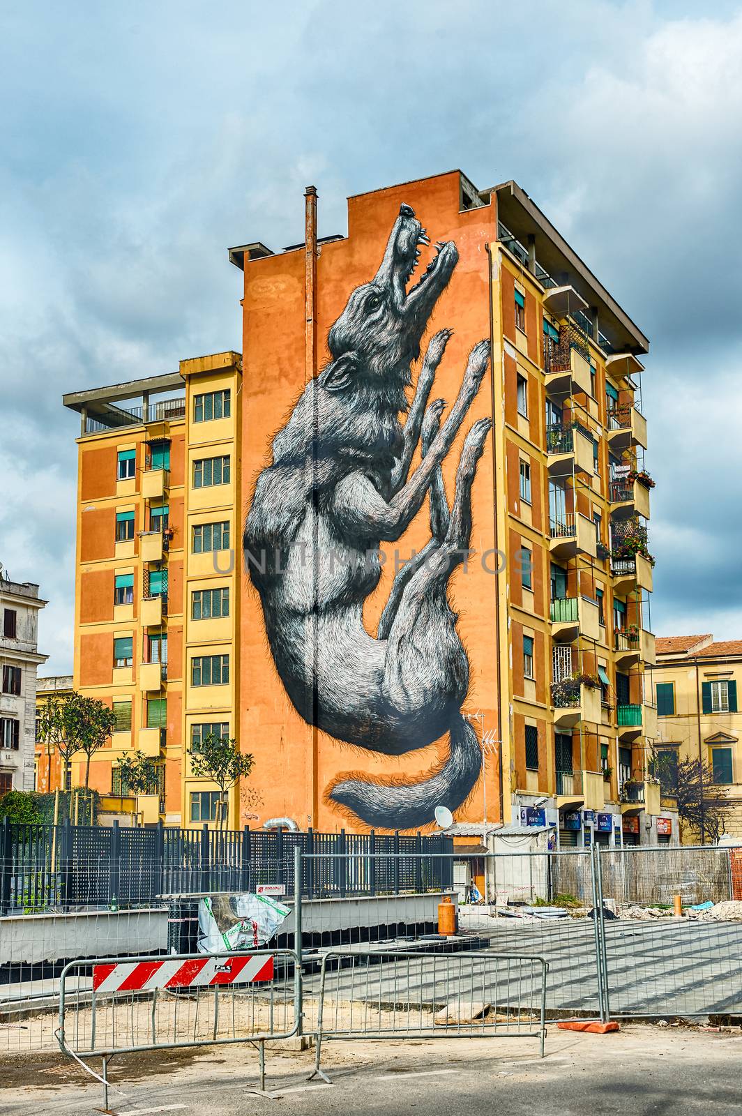 ROME - MARCH 20:  The black wolf mural graffiti painted in 2014 by the belgian artist Roa in the Testaccio district in Rome, as seen on March 20, 2016.