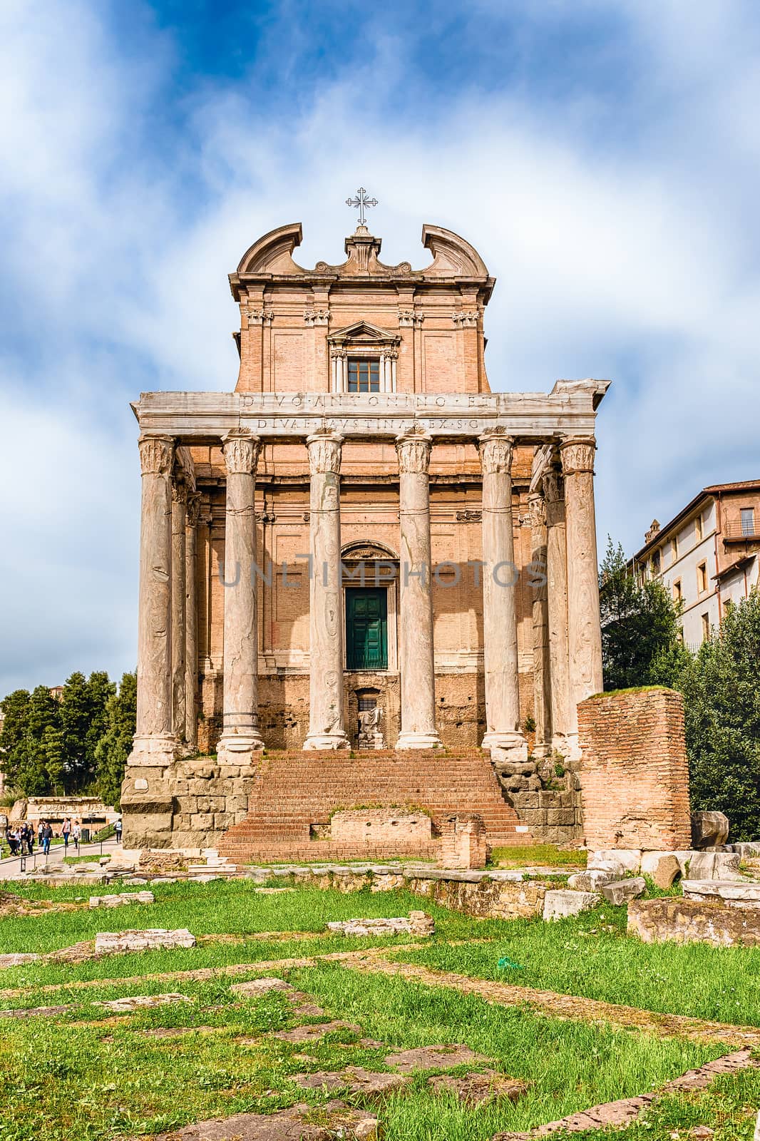 Ancient ruins of the Temple of Antoninus and Faustina inside the Roman Forum in Rome, Italy
