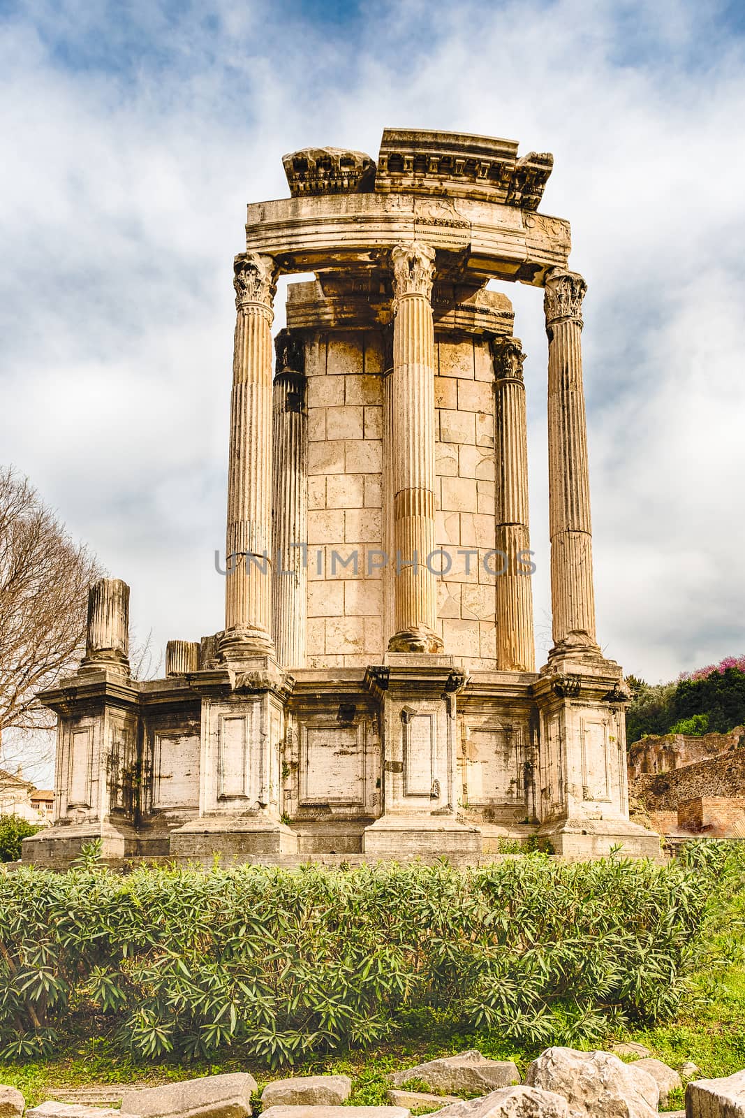 Ruins at the Temple of Vesta in Roman Forum, Rome, Italy
