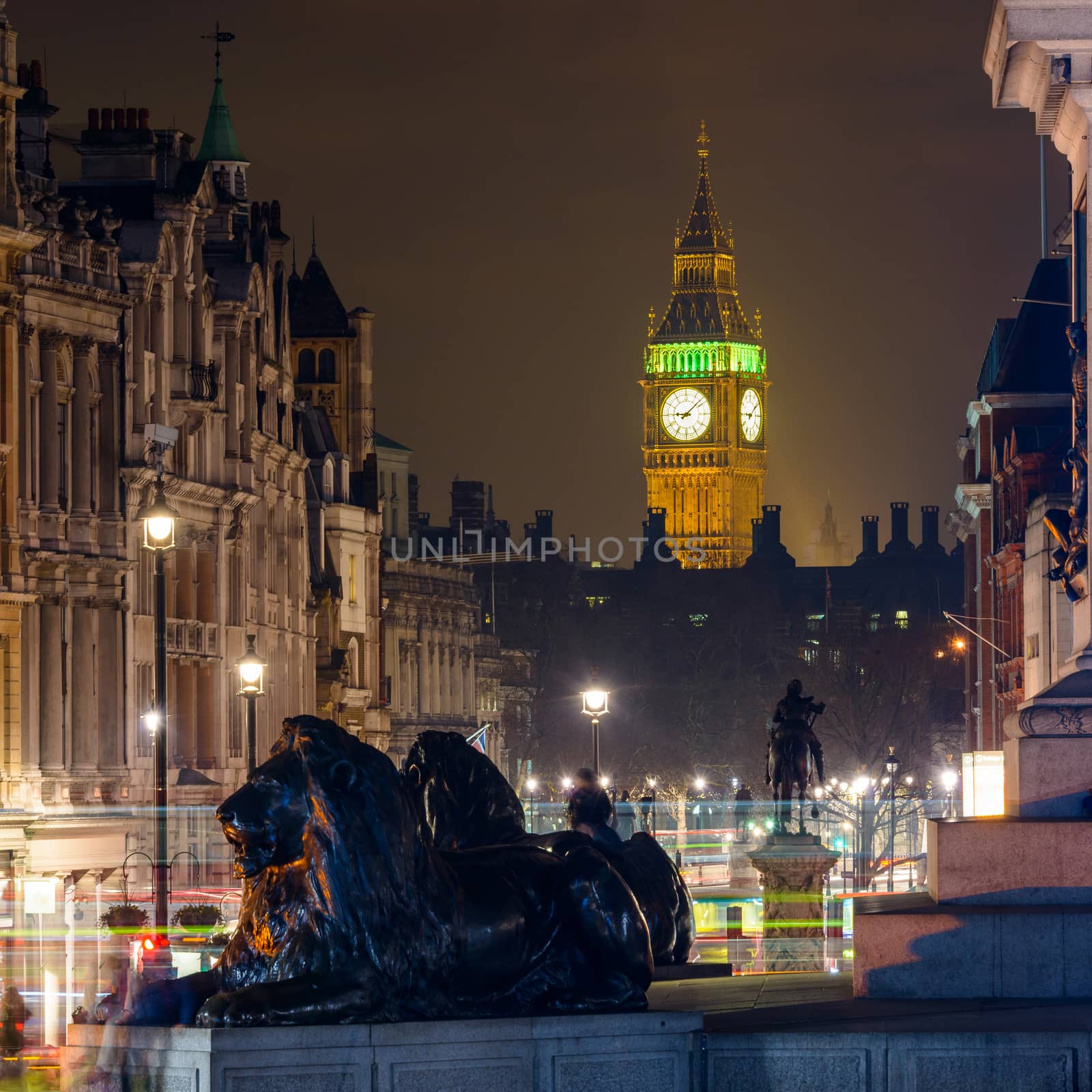 The Clock Tower seen from Trafalgar Square at night by dutourdumonde
