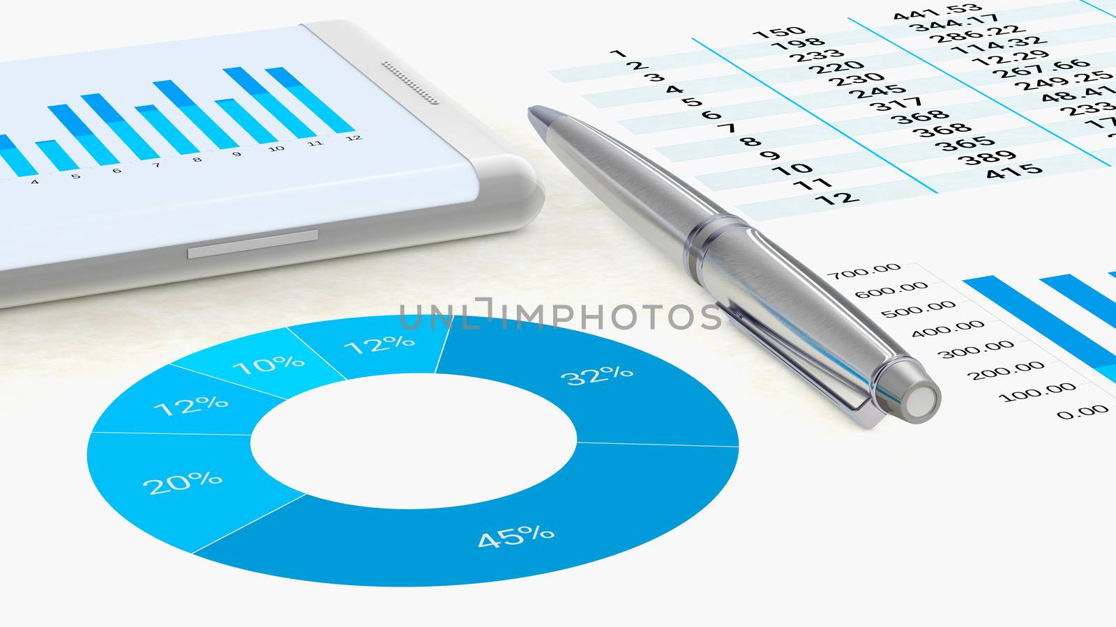 Close-up view to a professional workspace with graphics on a sheet of paper and a smartphone with data for analysis