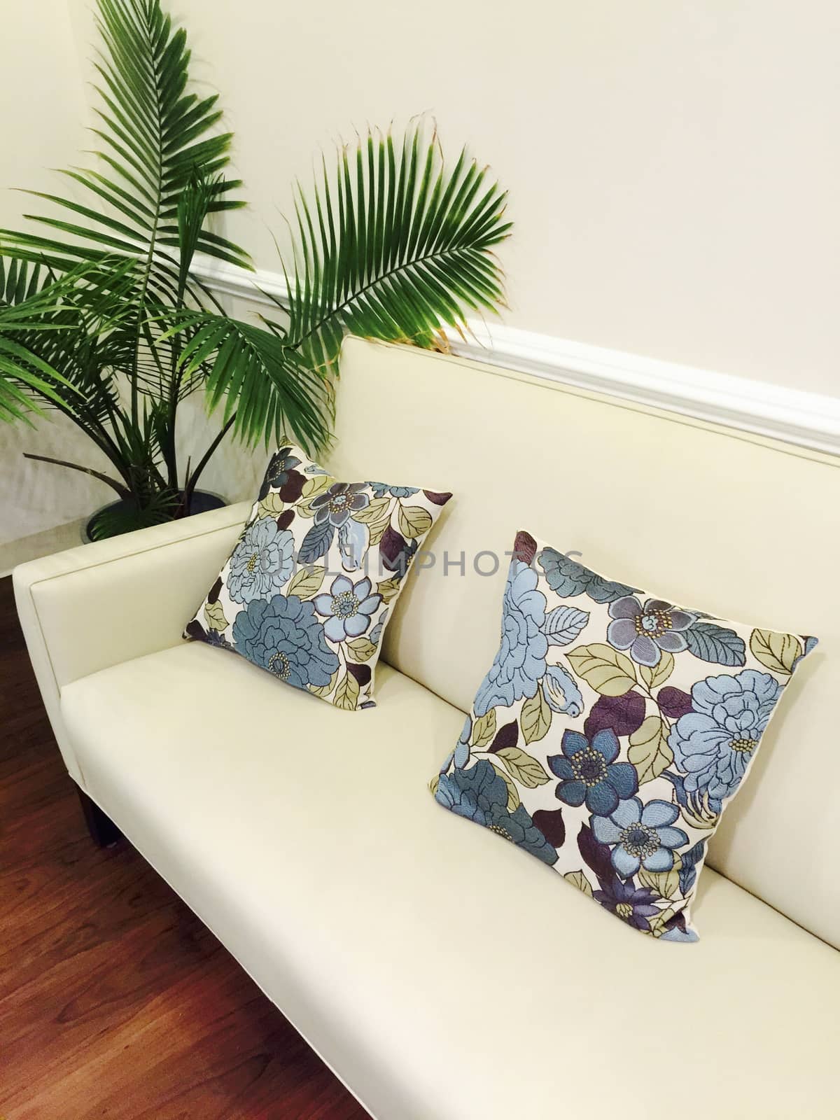 Waiting room with colorful cushions on cough, interior.