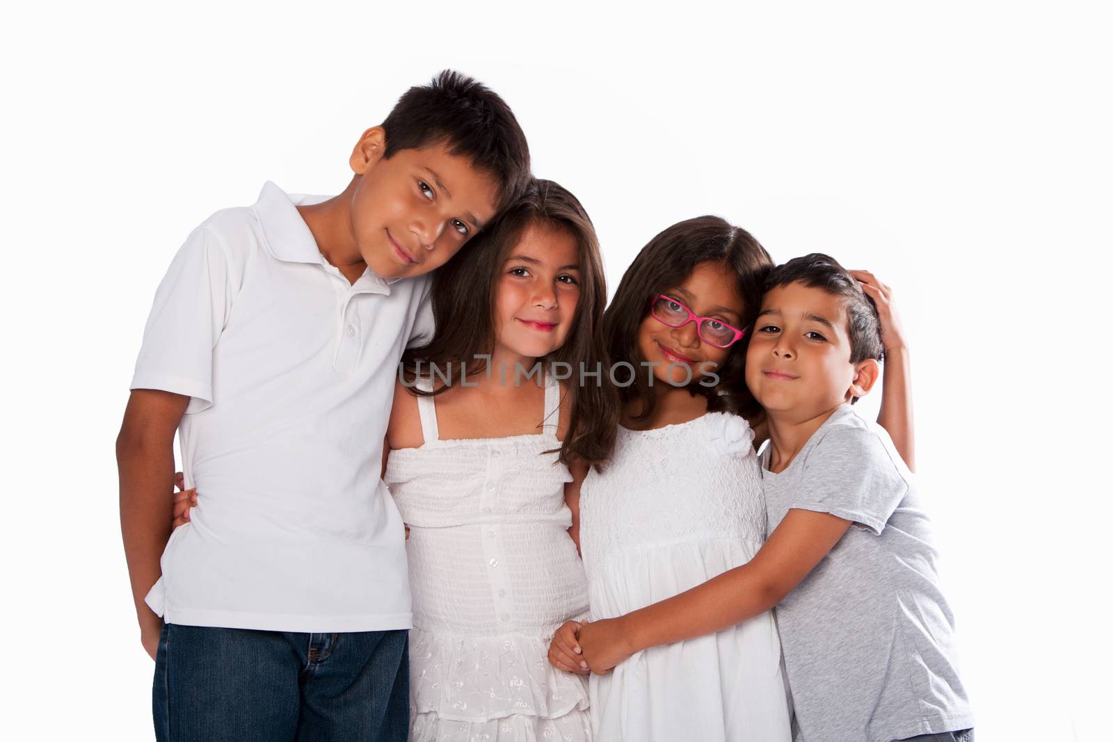 Family of happy brothers and sisters, together on white.