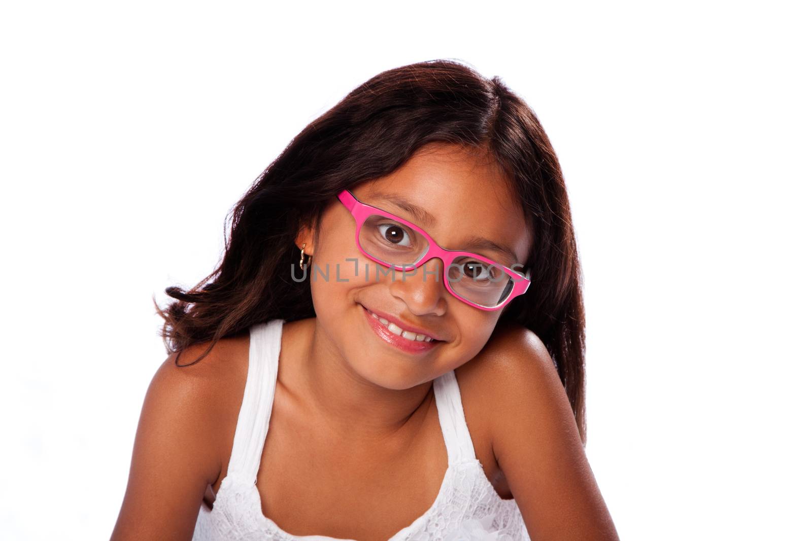 Cute happy smiling Latina Hispanic girl with pink glasses, on white background.