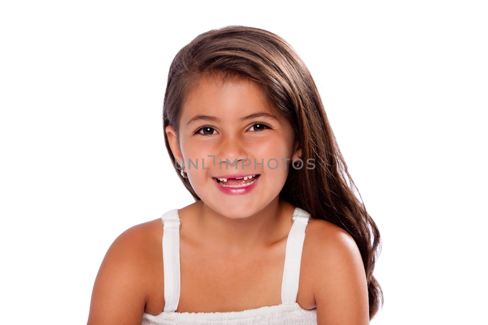Beautiful cute girl happy smiling missing exchanging teeth, on white.