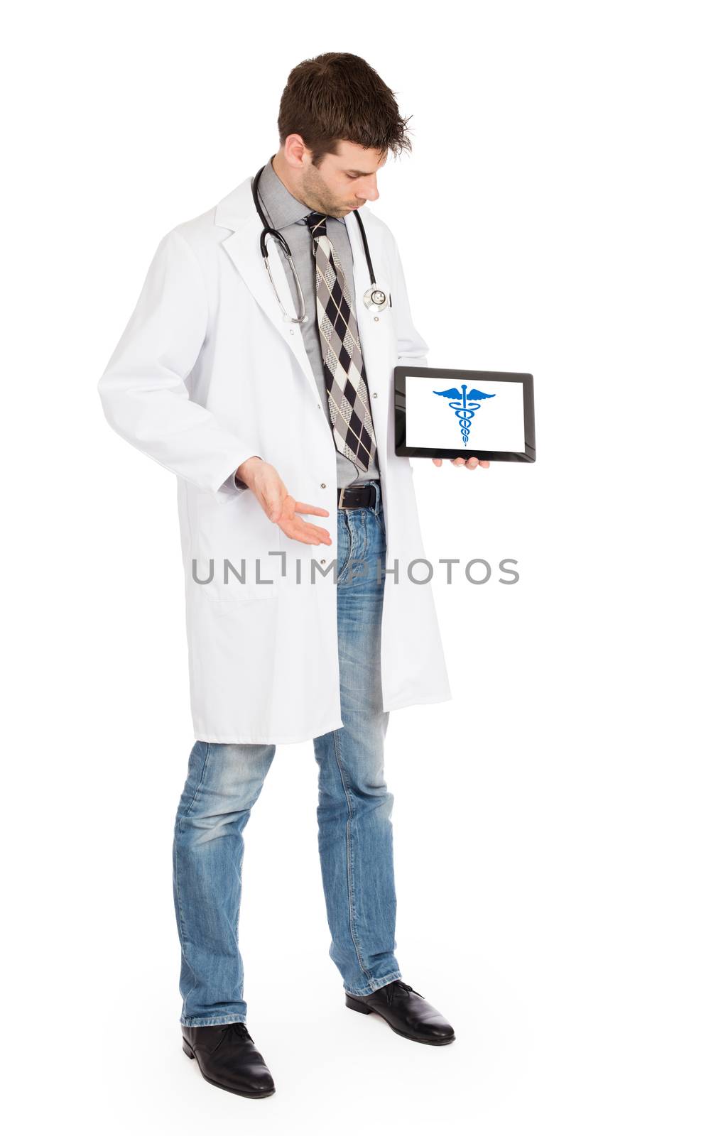 Doctor holding tablet, isolated on white - Caduceus symbol