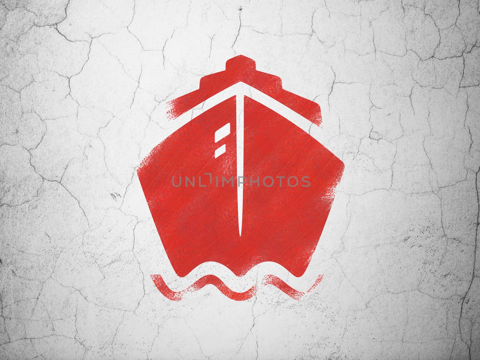 Vacation concept: Red Ship on textured concrete wall background