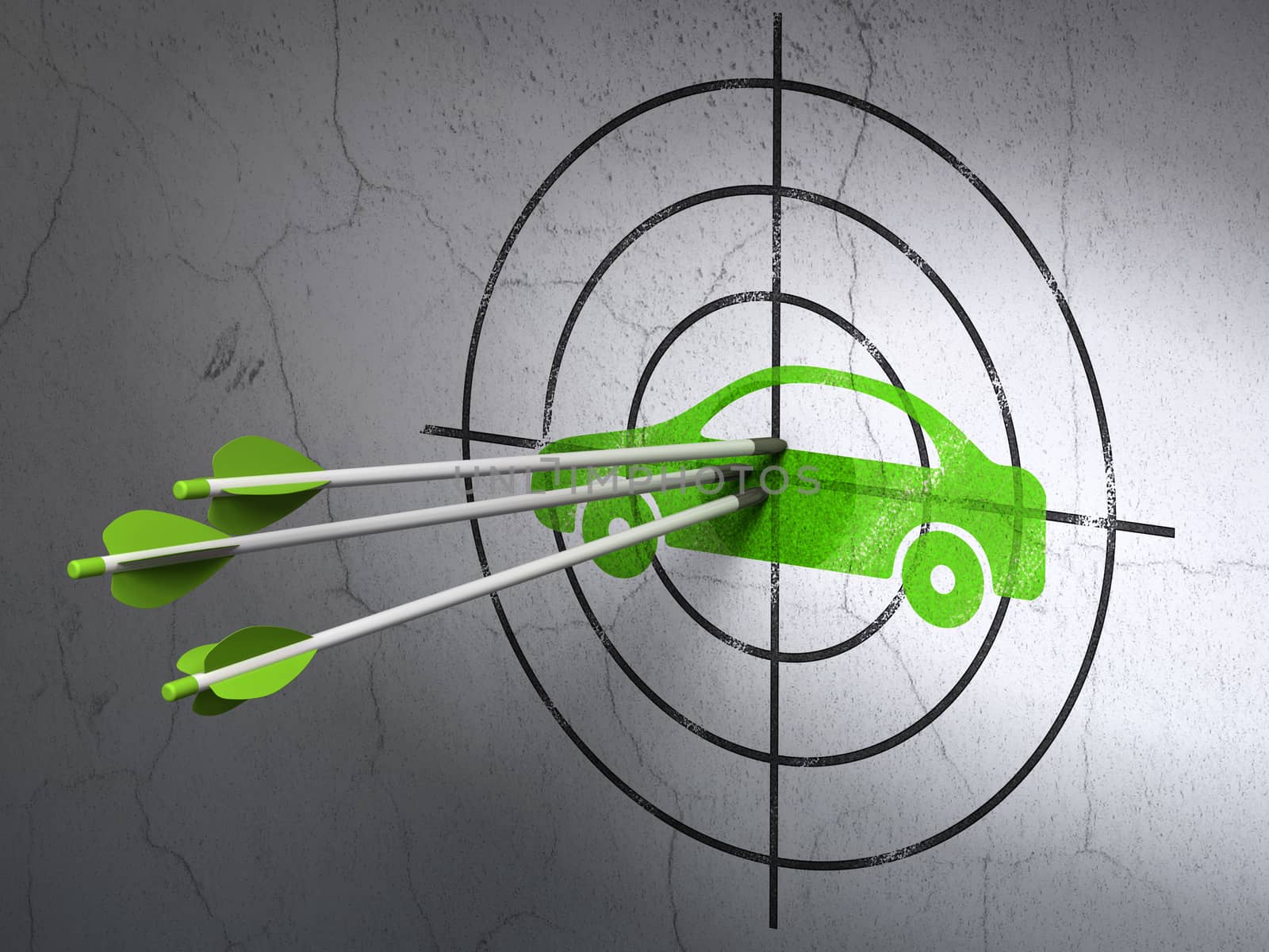 Success travel concept: arrows hitting the center of Green Car target on wall background, 3D rendering