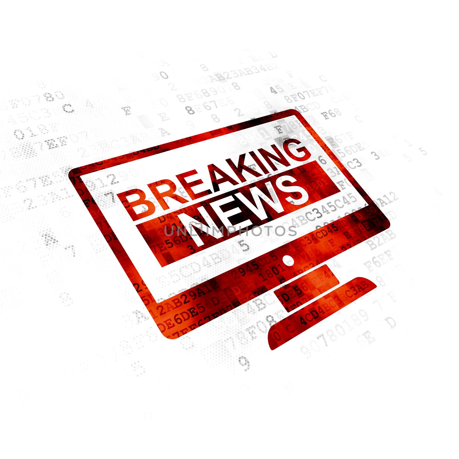 News concept: Pixelated red Breaking News On Screen icon on Digital background