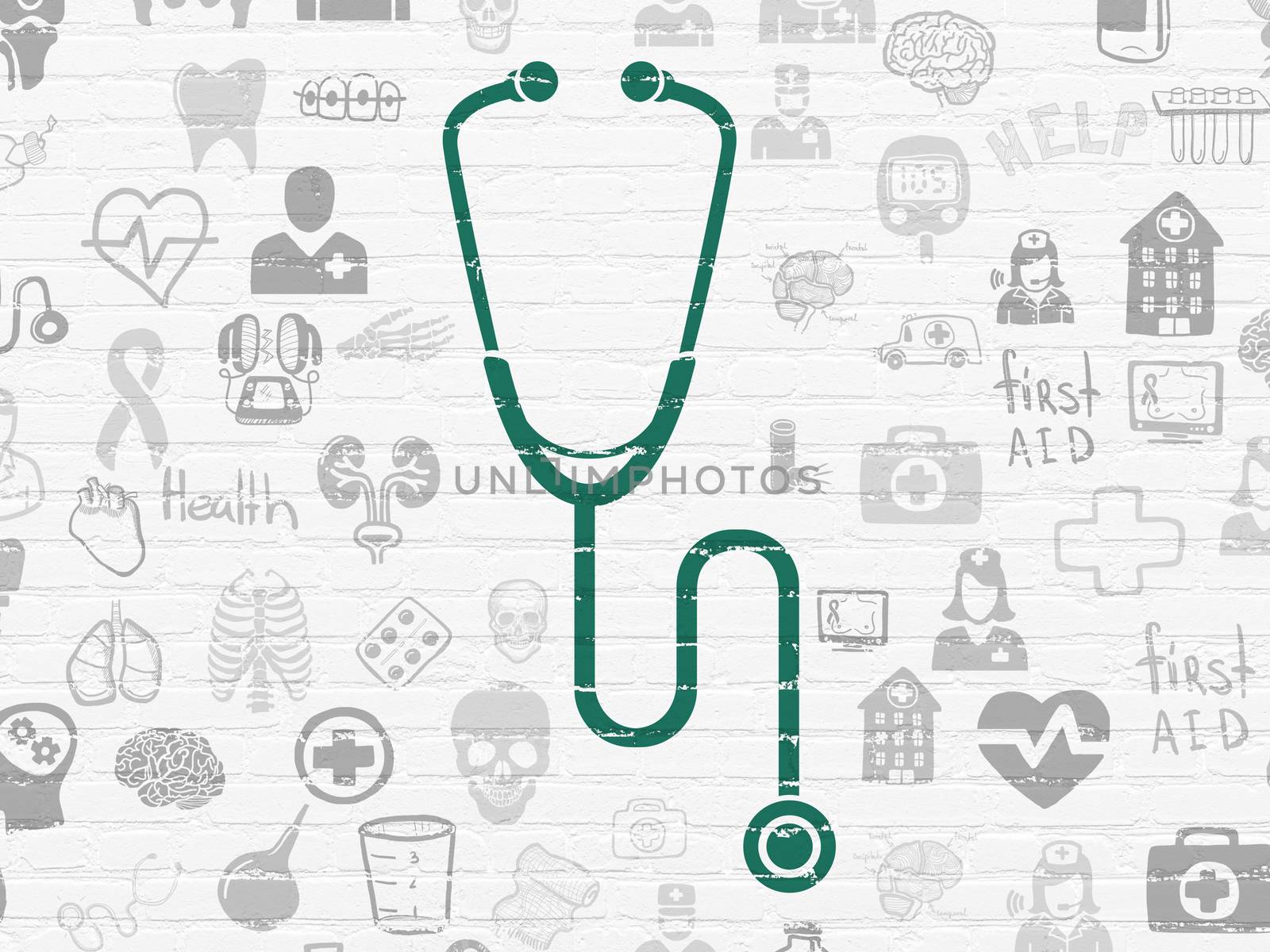 Health concept: Painted green Stethoscope icon on White Brick wall background with  Hand Drawn Medicine Icons