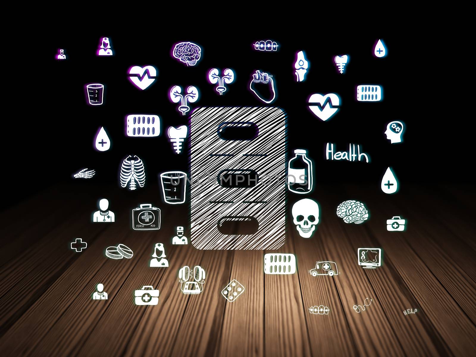 Health concept: Glowing Pills Blister icon in grunge dark room with Wooden Floor, black background with  Hand Drawn Medicine Icons
