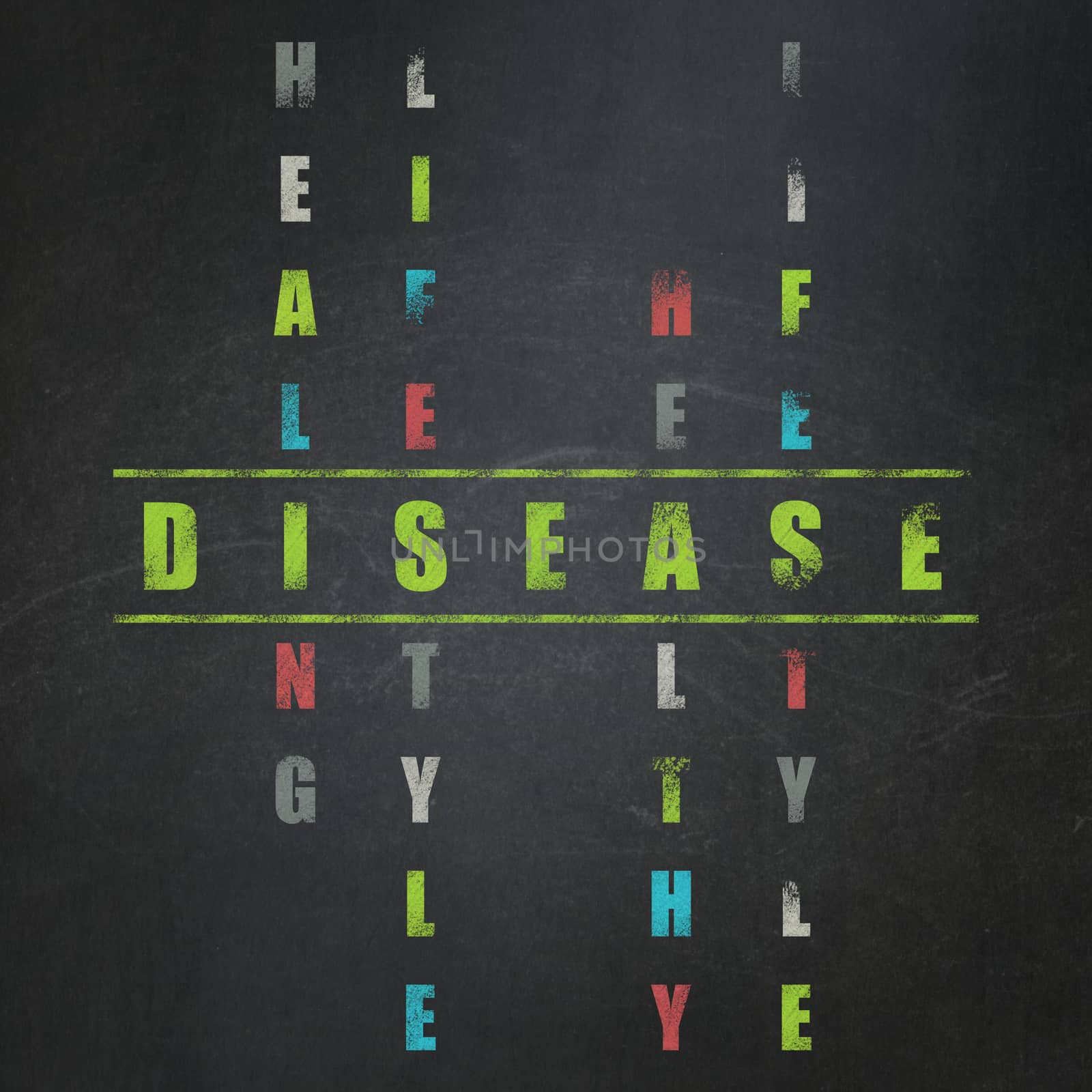Health concept: Painted green word Disease in solving Crossword Puzzle on School board background, School Board
