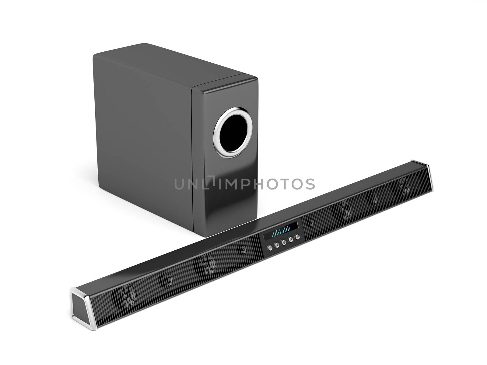 Soundbar and subwoofer on white background 