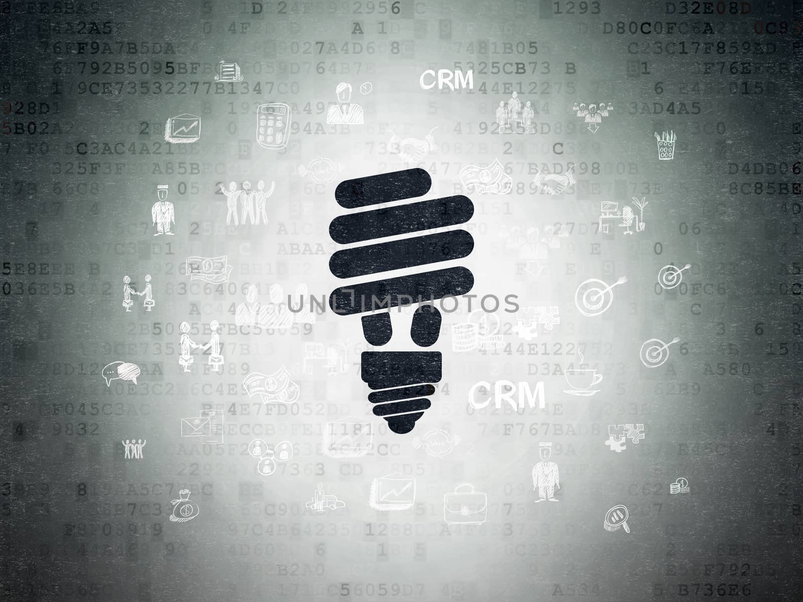 Finance concept: Painted black Energy Saving Lamp icon on Digital Data Paper background with  Hand Drawn Business Icons