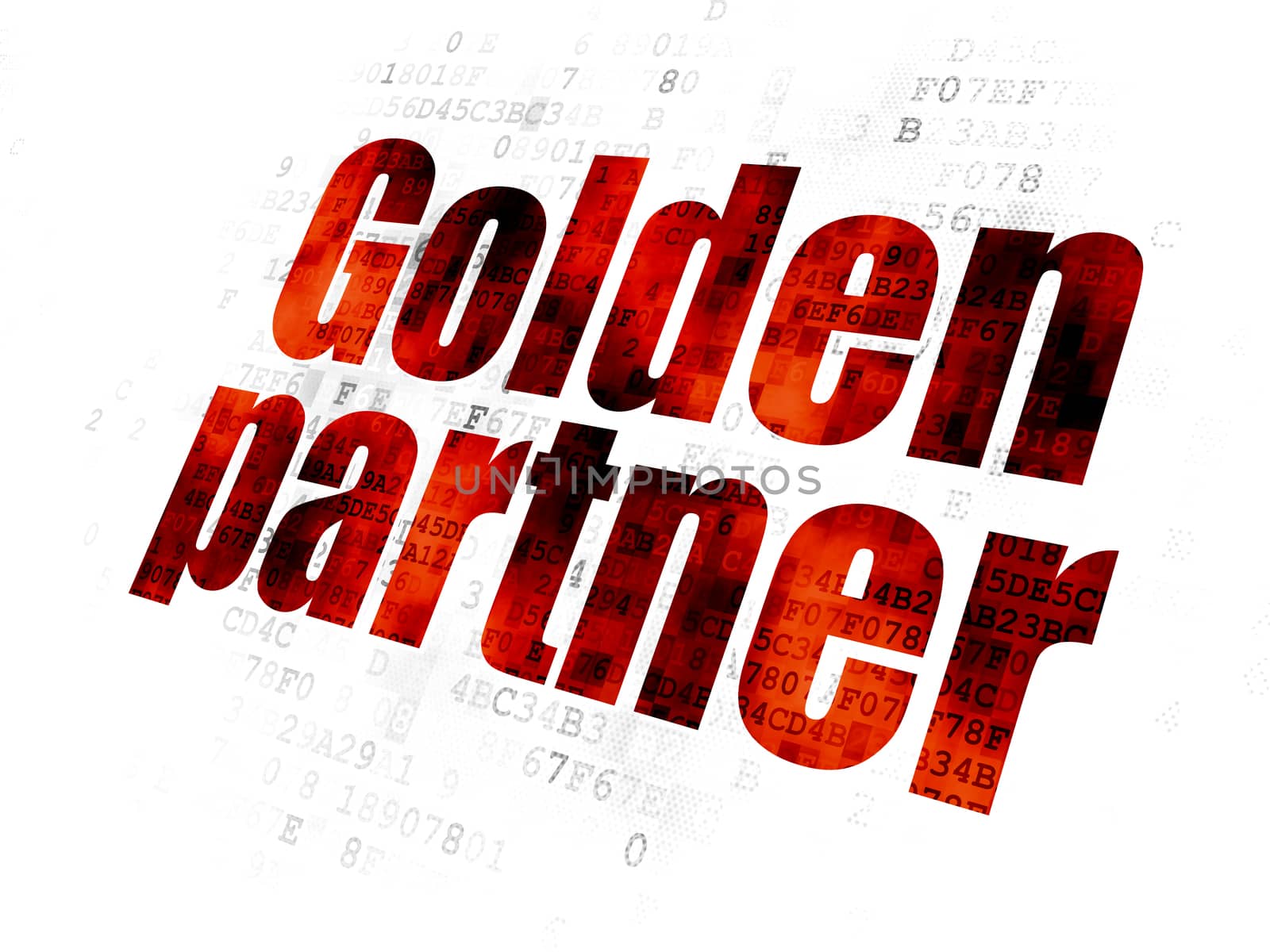 Business concept: Pixelated red text Golden Partner on Digital background