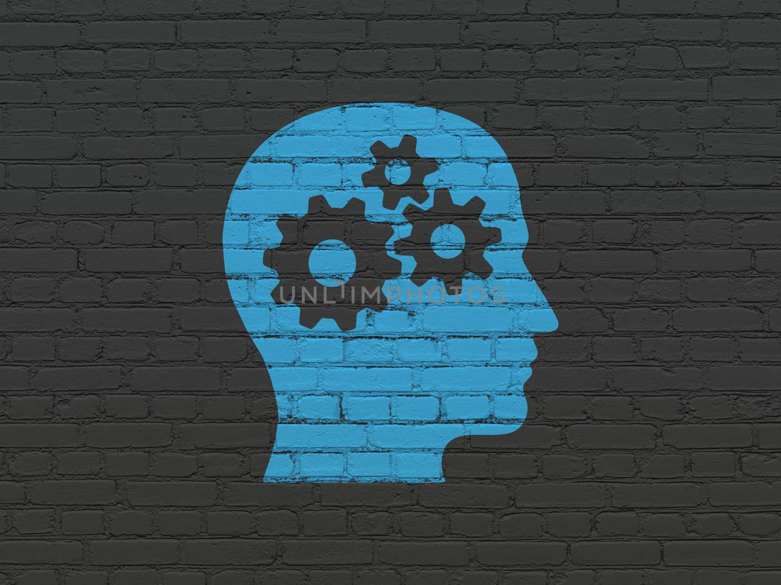 Business concept: Painted blue Head With Gears icon on Black Brick wall background