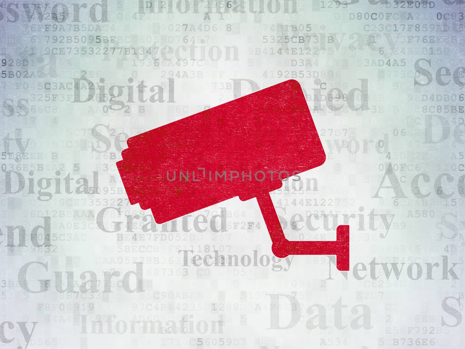 Privacy concept: Painted red Cctv Camera icon on Digital Data Paper background with  Tag Cloud