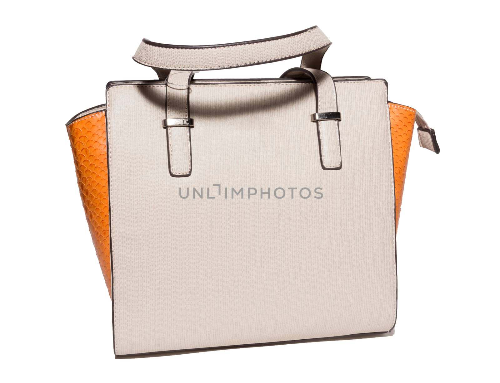 The photograph shows a female handbag on a white background