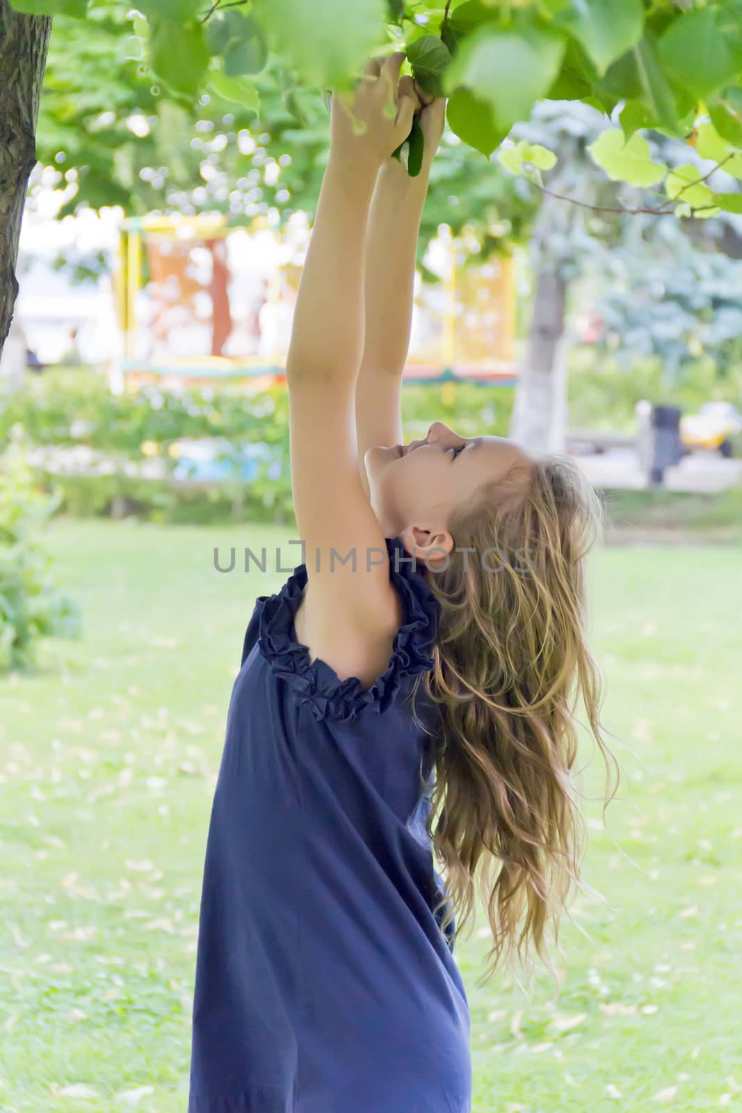 Cute girl in summer try to jump on tree
