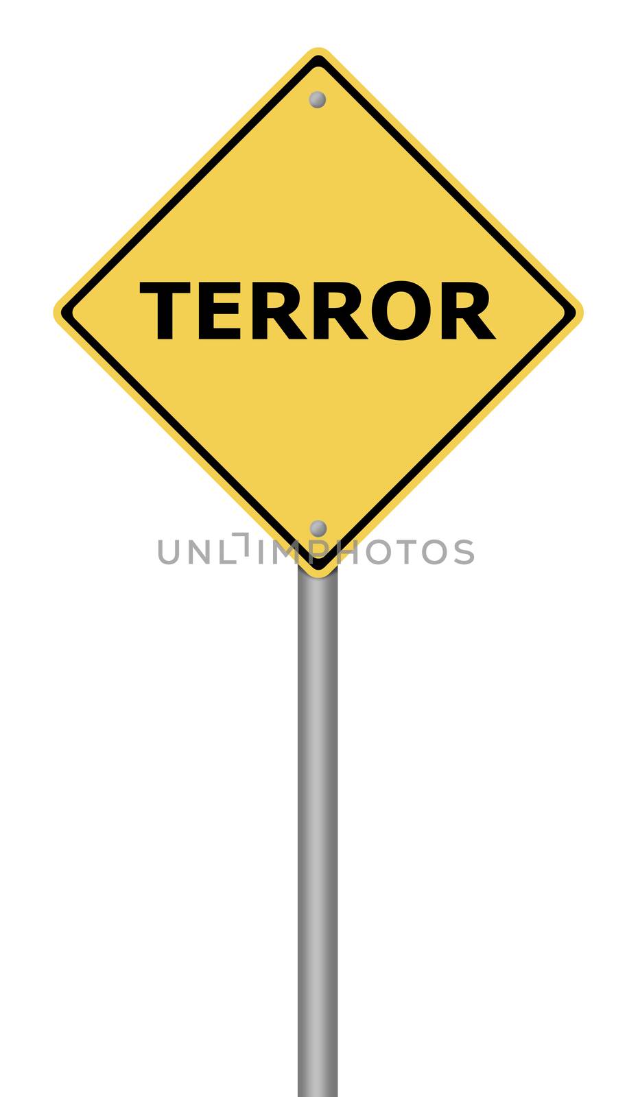 Yellow warning sign with the text Terror.