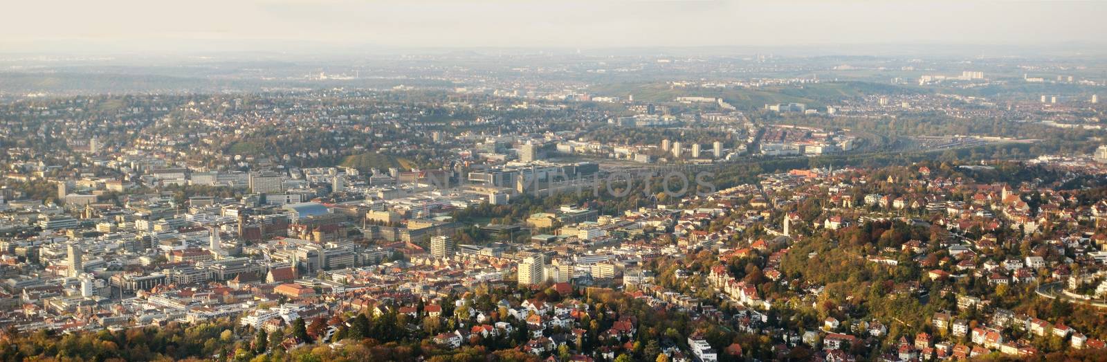 Stuttgart, Germany - October 19, 2008: View over Stuttgart before the railroad project "Stuttgart 21". Panorama with inner-city, Schlossplatz, Koenigstrasse, and central station.