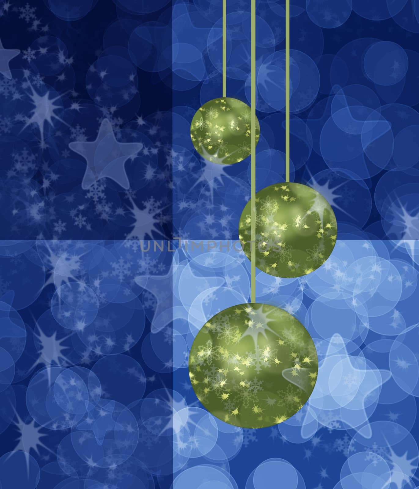 Blue Chistmas card with green bauble balls stars and circles background