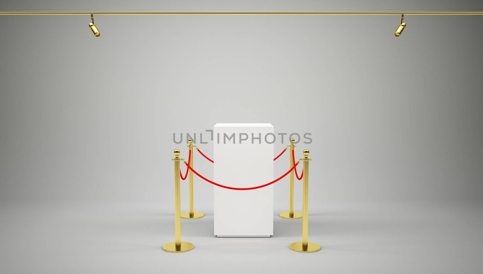 Empty showcase with tiled stand barriers for exhibit. Gray background. 3D illustration