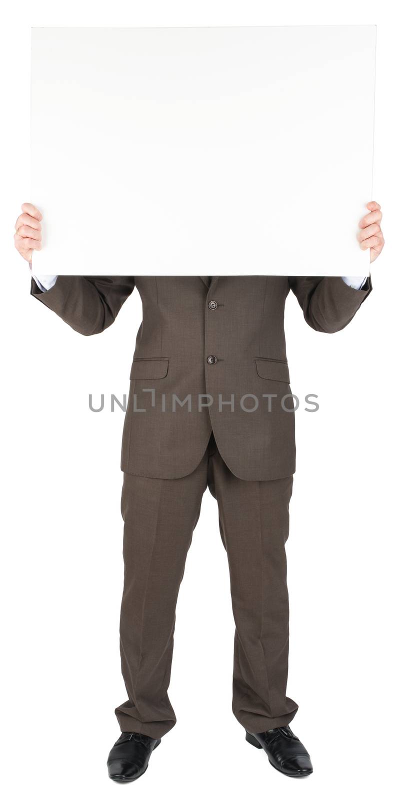 Man holding blank poster isolated on white background