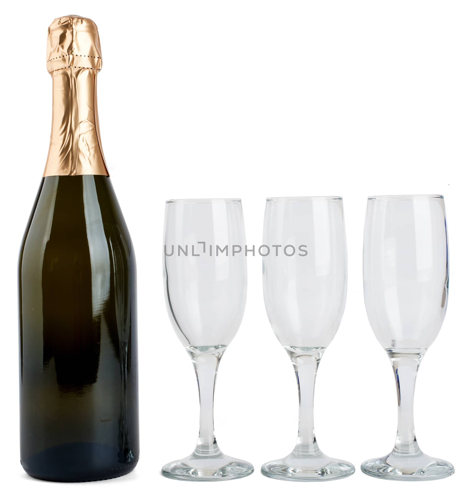 Champagne bottle and three champagne glasses isolated on white background