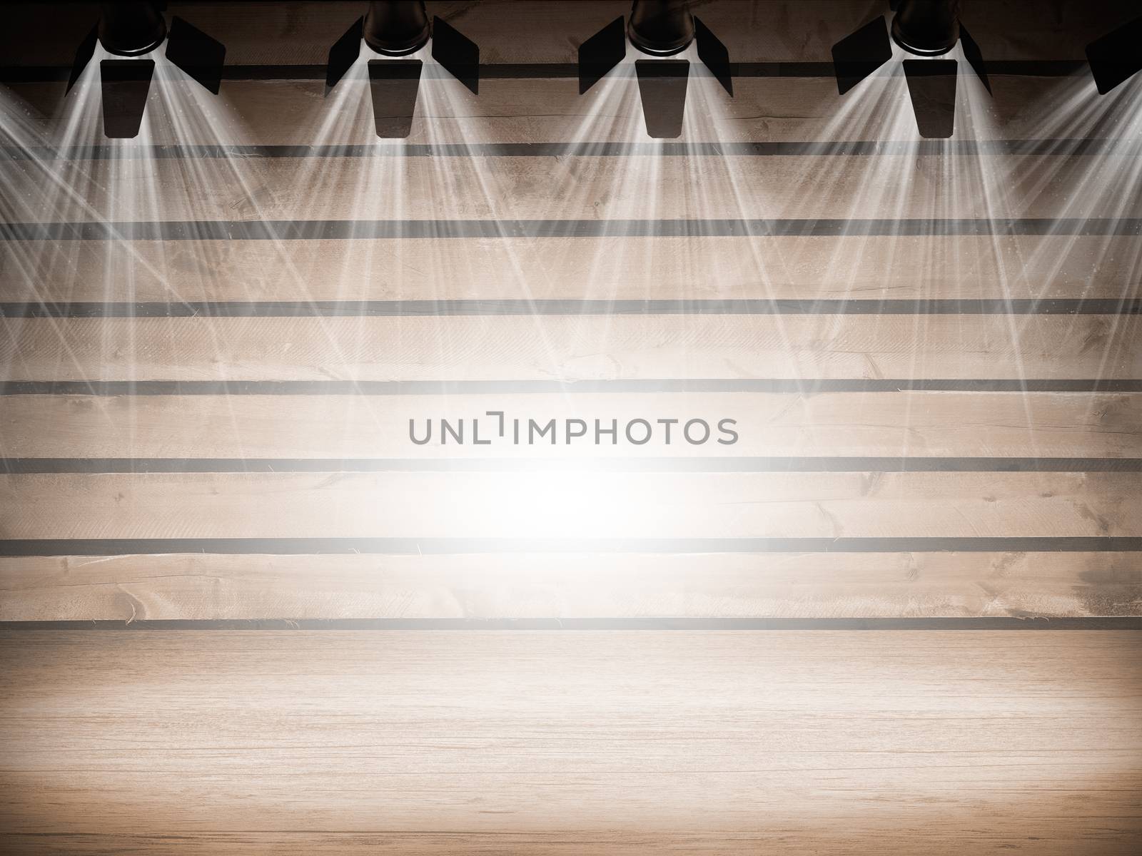 Illuminated empty concert stage with white light. 3D illustration